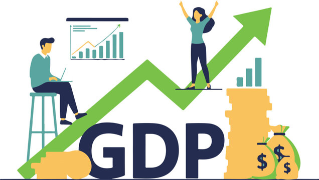 People celebrating around growing gdp graph, illustrating economic growth and success, celebrating