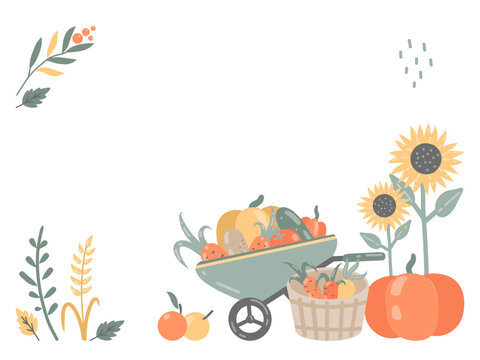 Autumn harvest frame with pumpkins, vegetables and sunflowers, farm fresh background with copy space, rustic countryside illustration for invitation, card and seasonal design