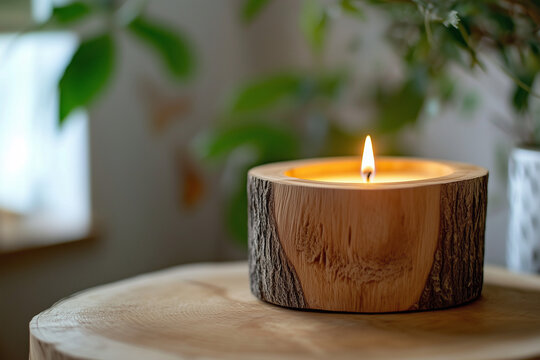A candlestick made from a wooden tree stump with a burning candle inside on an antique table background.