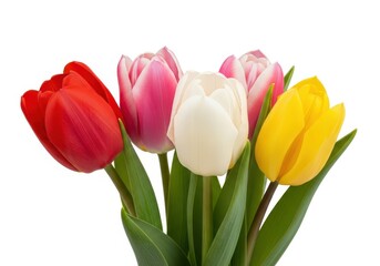 Fototapeta premium Vibrant bouquet of five colorful tulips in full bloom