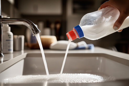 Person pouring drain cleaner into a sink in close up background.
