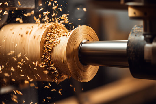Milling wood on a lathe in close up background.