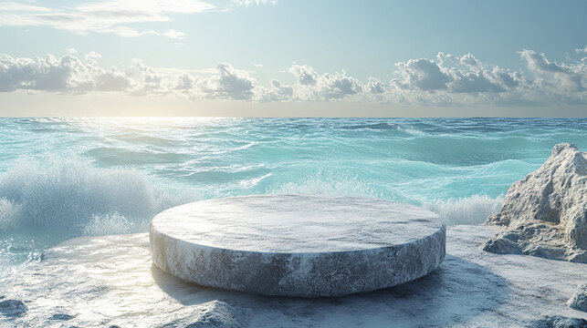 Smooth stone pedestal set before glowing turquoise ocean with waves crashing and bright sky filled with clouds, creating serene and natural coastal scene