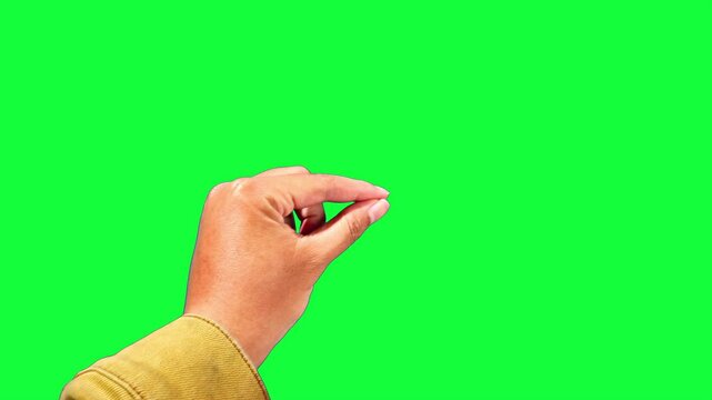Left zoom out jacket man hand touch screen gesture on green screen background with silhouette.  4K video. Lifestyle concept