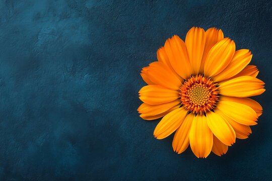 Calendula flower head on blue top view abstract background...