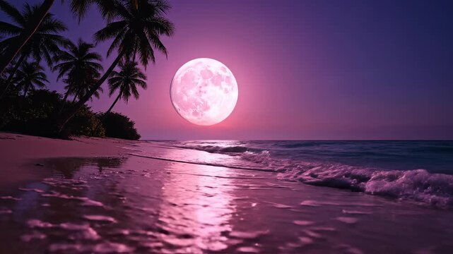 Beach at night with full moon ideal for travel vlogs and eco-friendly campaigns
