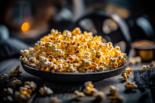 Popcorn in a bowl and old film reel close up background..