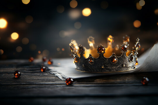 Golden crown, scattered gemstones, and king decree on an old table background.