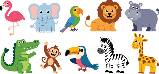 Naklejka premium Cute safari animal collection for nursery decor, cartoon flamingo elephant parrot lion hippo crocodile monkey toucan zebra and giraffe set for kids room stickers flat vector illustration
