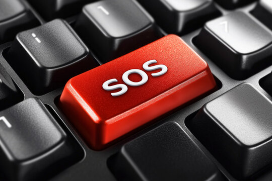 SOS key on a computer keyboard close-up, tech support background.