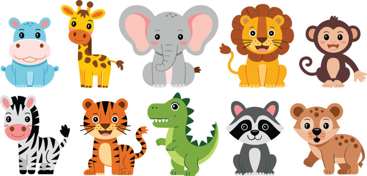 Cute safari animal collection for nursery decor, cartoon lion elephant giraffe monkey zebra tiger and crocodile set for kids room stickers and baby shower flat vector illustration
