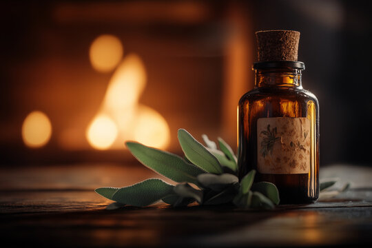 Sage tincture in the apothecary old bottle on the old herbalist healer table close up background.