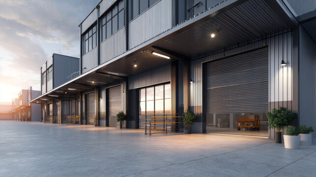 Industrial or commercial building exterior. Use as factory, warehouse, store and workplace. Safety and protection with roller door, roller shutter or overhead door. Concrete pavement floor outside.