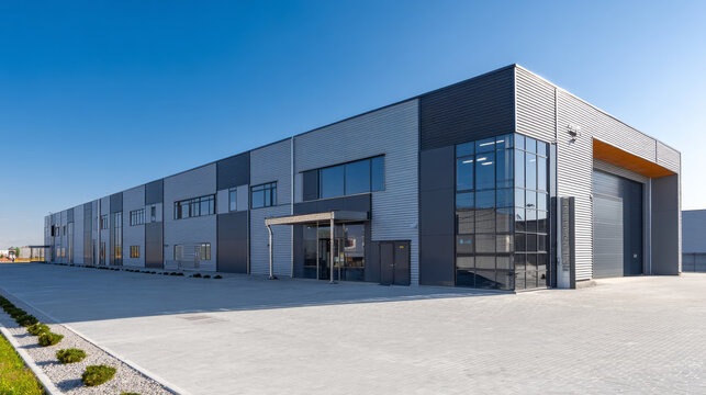 Industrial or commercial building exterior. Use as factory, warehouse, store and workplace. Safety and protection with roller door, roller shutter or overhead door. Concrete pavement floor outside.