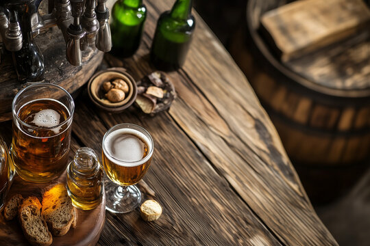 Beer and various types of snacks on a wooden table in a pub background.