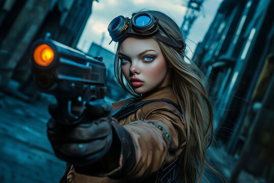 Beautiful girl with a gun in her hands, wearing a leather jacket in post apocalyptic style, on the background of the streets of a nighttime city..