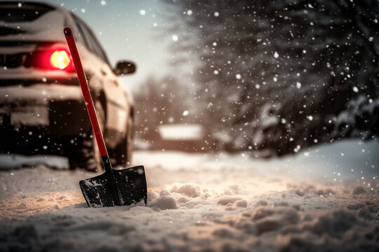 Snow covered car and shovel background.