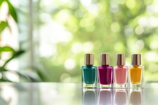 Various colorful nail polish on the manicure master table background..