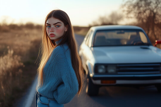 Beautiful girl standing next to a car on a country side road background..