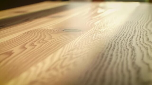 A slow dolly push-in video over an exquisite, light brown natural wooden surface, revealing rich grain and plank patterns, with soft golden hour light. Concept of natural elegance and pristine quality