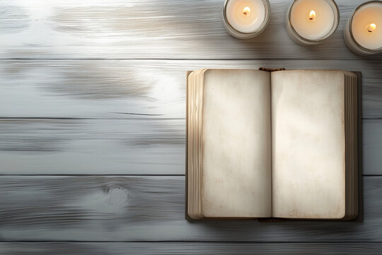 A magical spellbook with empty pages on an old table in the light of burning candles background..