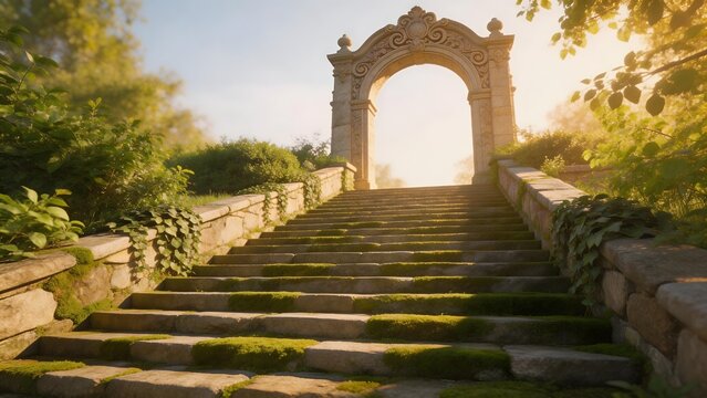 Stone staircase with archway in garden