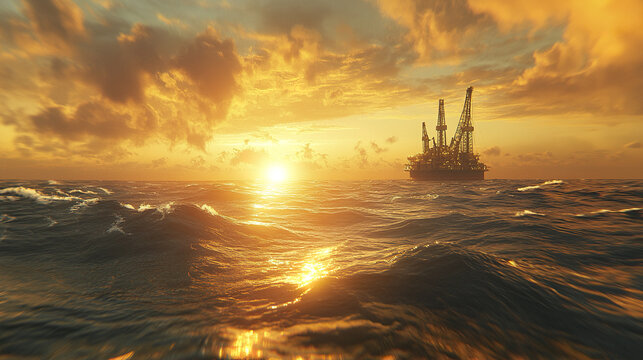 Striking industrial seascape with floating oil rig on horizon during golden sunset, reflecting warm light on ocean waves and dramatic clouds
