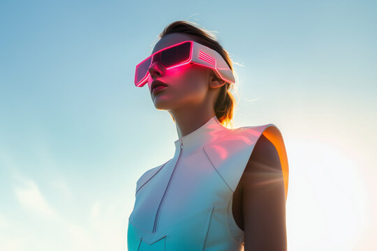 Beautiful woman in futuristic white clothing and high tech neon glasses posing on a bright background.