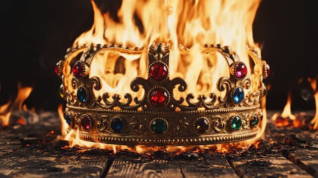 Burning ornate crown with jewels symbolizing conceptual art and dynamic energy