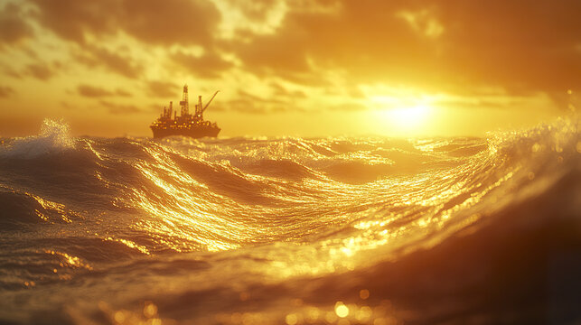 Golden ocean wave with floating oil rig on horizon during sunset, dramatic sky with clouds and warm light reflecting on water surface creating striking industrial seascape atmosphere