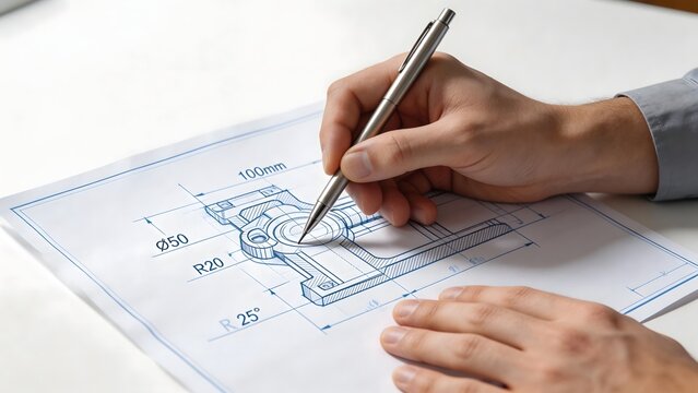Person drawing technical blueprint