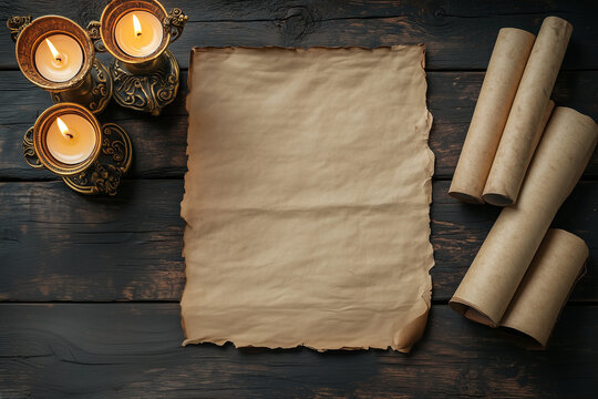 Ancient parchment and various old scrolls on an antique table in the light of a candle.. Top view.
