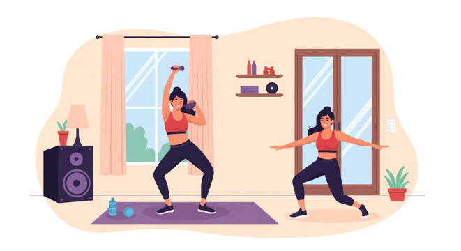 Flat vector illustration of two women exercising in a home living room; one woman lifts dumbbells while the other performs a dance workout on a mat near a window and potted plant.