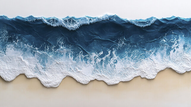 Stunning aerial perspective of wave rolling in with white foam crashing onto sandy beach, showcasing dynamic movement and natural beauty of ocean shore