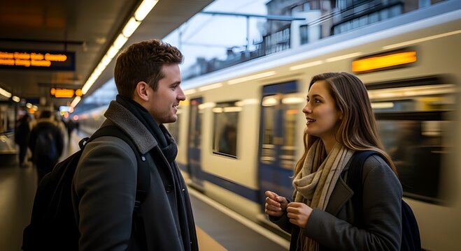 A man and woman conversing at a train station platform with a train passing by.