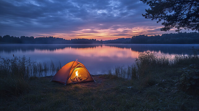 Glowing campfire inside tent by calm lakeside during colorful sunset with cloudy sky and surrounding forest creating peaceful and warm outdoor camping scene