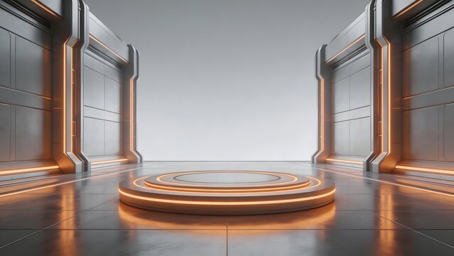 Futuristic room with glowing platform