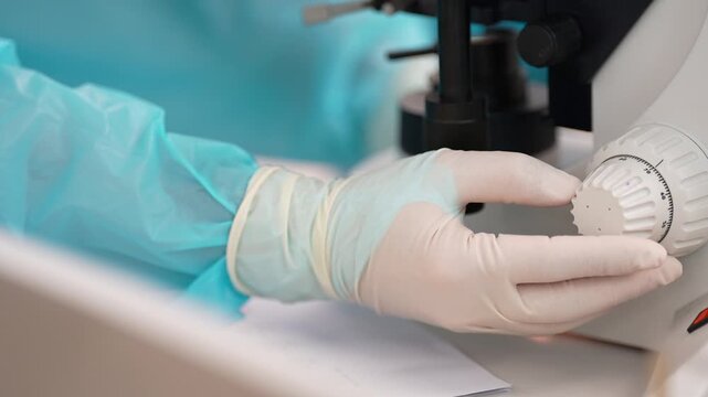 Laboratory microscope gloved hand medical research sterile lab close up adjusting focus in clean medical lab setting with scientific equipment