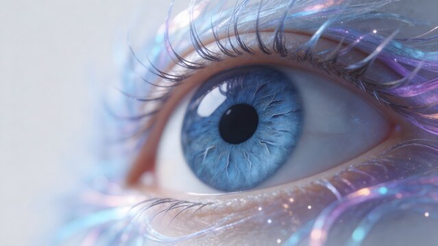 Closeup of a blue eye with colorful lashes