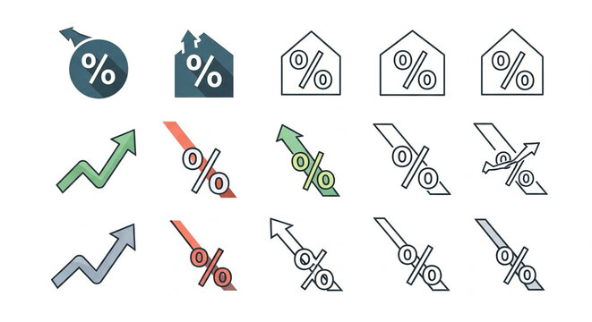 Collection of percentage and arrow icons for business and finance including growth and decline symbols