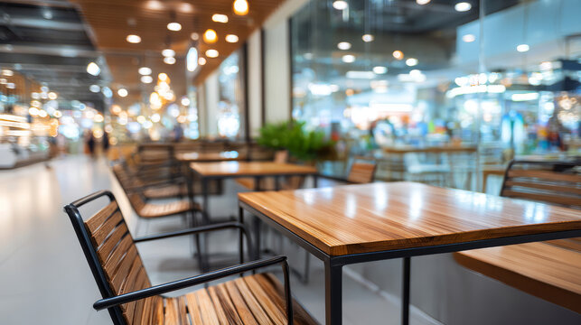 Food court or food center in shopping mall. Interior consist of table, chair, restaurant, coffee shop. Similar of canteen for shopping mall. Wood table top for product display or blurred background.