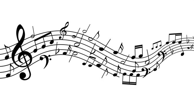 Wavy musical notes on a white background black treble clef and melody lines with various music symbols creative composition for music concepts and design