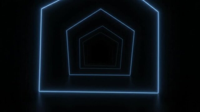 Loopable motion graphics video of glowing blue neon pentagonal frames forming a futuristic tunnel in a dark digital space.