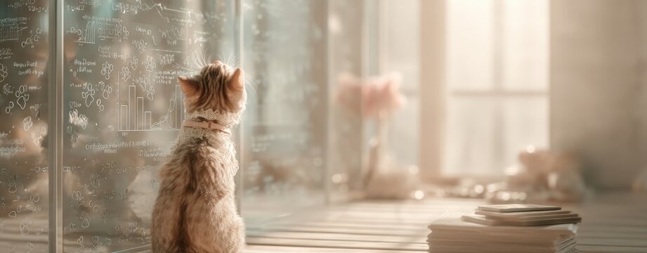 Pet Business Adorable kitten sitting by window looking outside du daylight sunny morning a festive pet in a meeting office dog festive business celebration