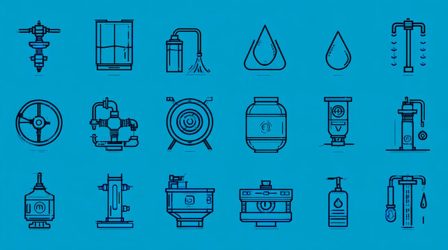 Water filtration and equipment such as clean water, wastewater, drop, splash, strainer, faucet, pressure tank and cartridge vector icon set design, 48x48 pixel perfect and editable stroke.