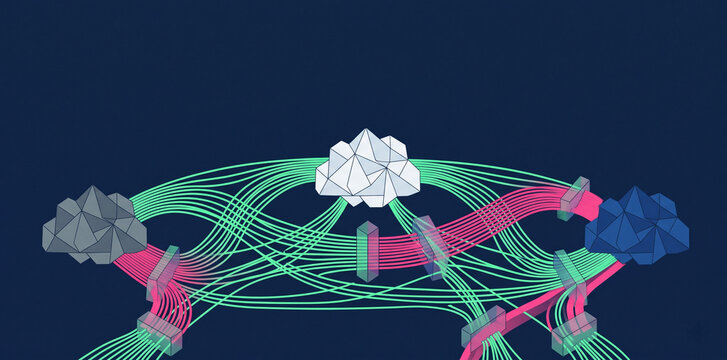 Multi cloud cost optimization digital data fabric orchestration flat illustration featuring intelligent workload routing across distributed cloud infrastructure nodes no text