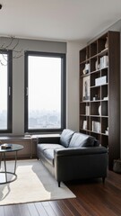 Fototapeta premium Spare, minimalistic living room with black leather couch and wooden bookshelves in the background of a city view.