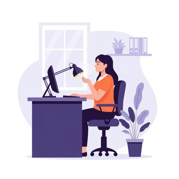 Flat vector illustration of a woman sitting at a desk in an office practicing deep breathing meditation with eyes closed, featuring a computer monitor, desk lamp, chair, and potted plants.