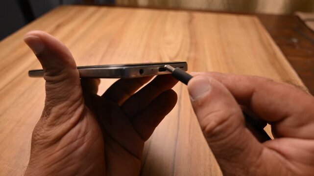 Close Up of Hand Inserting Charging Cable into Smartphone for Power Connection