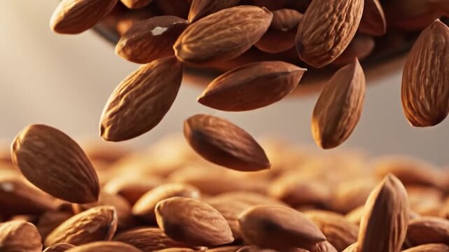 Close-up shot of many brown nuts falling down from above, with some nuts in soft focus in the background, on a neutral background